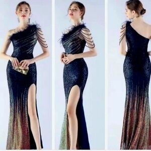 Navy, One Shoulder Beaded, Feather Neck, Sequined/ Mesh, Gradient Mermaid Gown